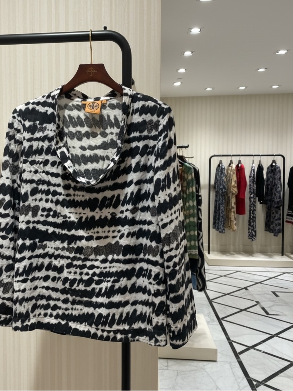 Tory Burch Black & White abstract Ikat sequinembellished cowl neck top.